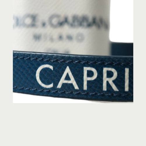 Dolce & Gabbana White Blue Calf Leather Logo Print Strap Airpods Case