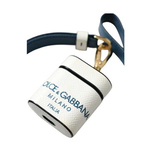 Dolce & Gabbana White Blue Calf Leather Logo Print Strap Airpods Case