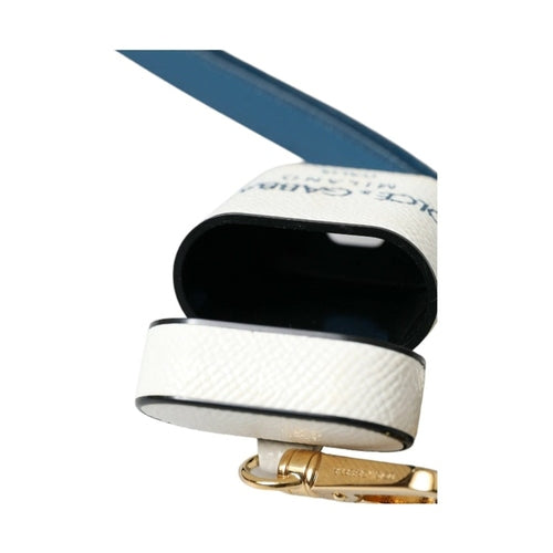 Dolce & Gabbana White Blue Calf Leather Logo Print Strap Airpods Case