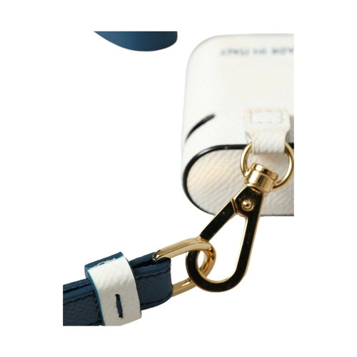 Dolce & Gabbana White Blue Calf Leather Logo Print Strap Airpods Case