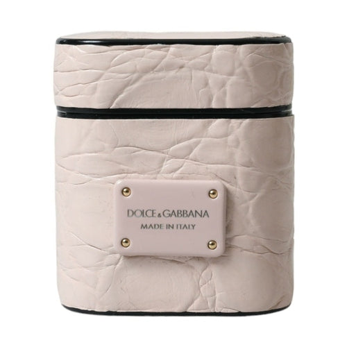 Dolce & Gabbana Light Pink Calf Leather Metal Logo Plaque Airpods Case