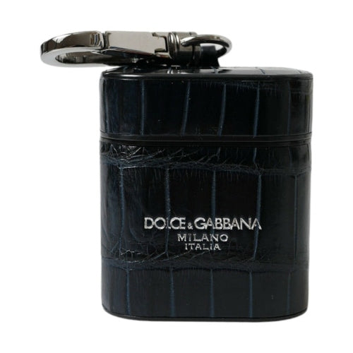 Dolce & Gabbana Black Crocodile Leather Silver Metal Logo Airpods Case