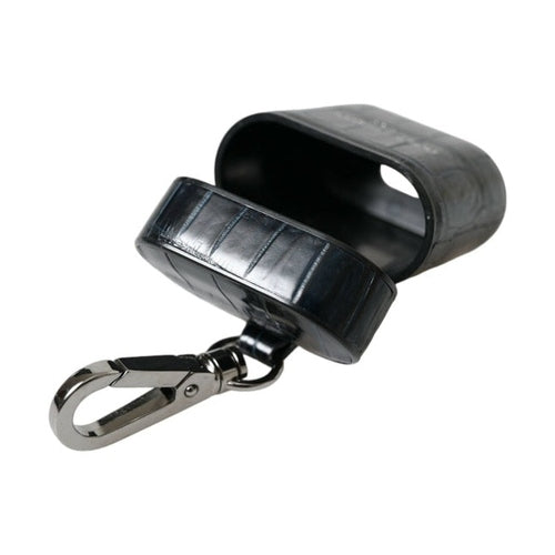 Dolce & Gabbana Black Crocodile Leather Silver Metal Logo Airpods Case