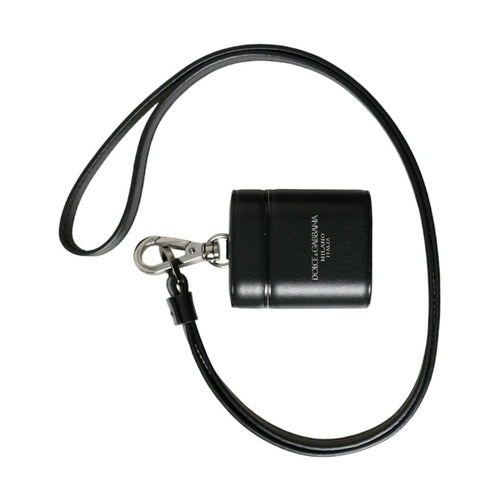 Dolce & Gabbana Black Leather Strap Silver Metal Logo Printed Airpods Case