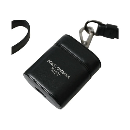 Dolce & Gabbana Black Leather Strap Silver Metal Logo Printed Airpods Case