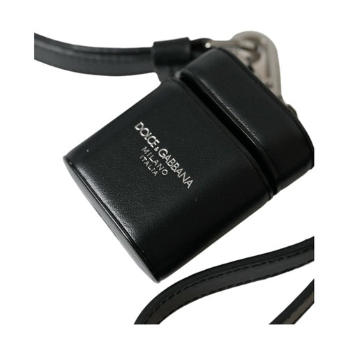 Dolce & Gabbana Black Leather Strap Silver Metal Logo Printed Airpods Case