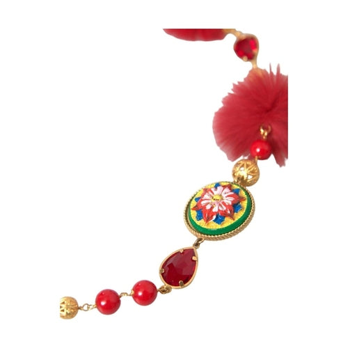 Dolce & Gabbana Gold Brass Red Fur Crystal Carretto Chain Necklace
