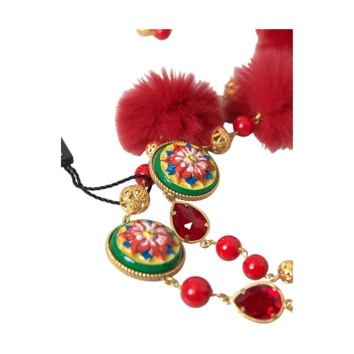 Dolce & Gabbana Gold Brass Red Fur Crystal Carretto Chain Necklace