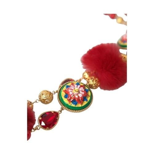 Dolce & Gabbana Gold Brass Red Fur Crystal Carretto Chain Necklace