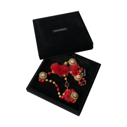Dolce & Gabbana Gold Brass Red Fur Crystal Carretto Chain Necklace