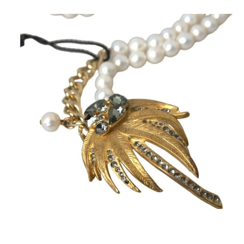 Dolce & Gabbana Gold Brass Crystal Pearl Tree Pendant Charm Necklace