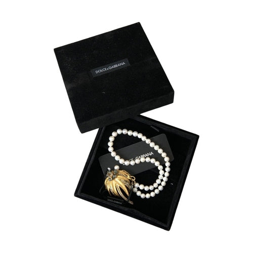Dolce & Gabbana Gold Brass Crystal Pearl Tree Pendant Charm Necklace