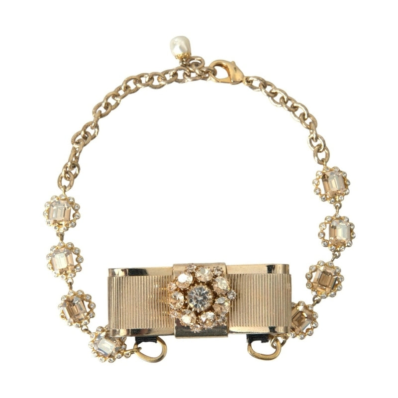 Dolce & Gabbana Gold Brass Clear Crystal Bow Chain Choker Necklace