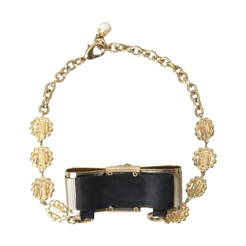 Dolce & Gabbana Gold Brass Clear Crystal Bow Chain Choker Necklace