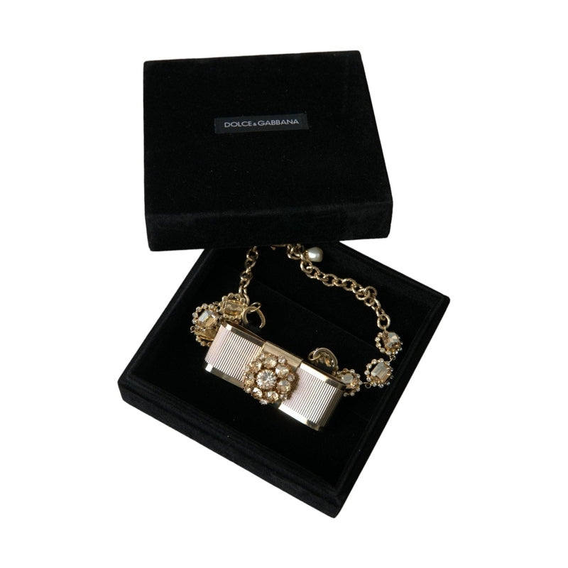 Dolce & Gabbana Gold Brass Clear Crystal Bow Chain Choker Necklace