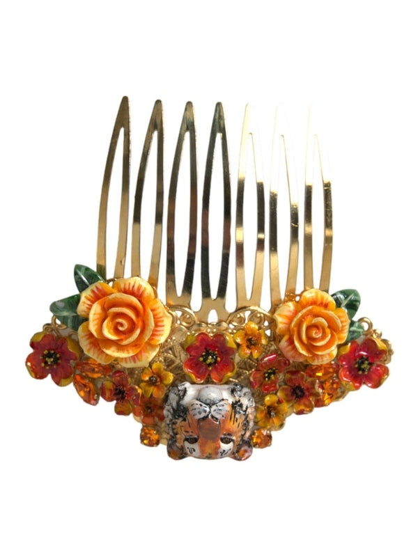Dolce & Gabbana Gold Brass Crystal Leopard Floral Hair Comb
