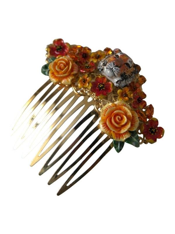 Dolce & Gabbana Gold Brass Crystal Leopard Floral Hair Comb
