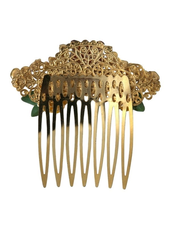 Dolce & Gabbana Gold Brass Crystal Leopard Floral Hair Comb