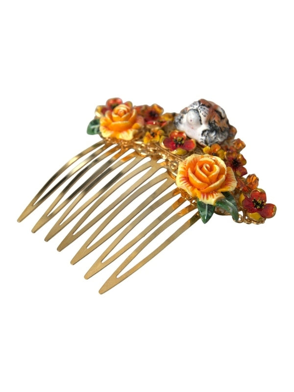 Dolce & Gabbana Gold Brass Crystal Leopard Floral Hair Comb