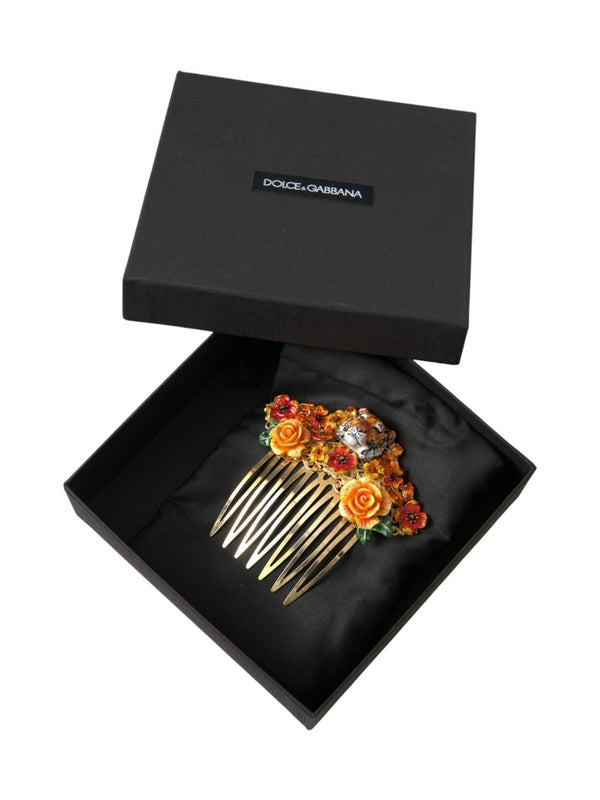 Dolce & Gabbana Gold Brass Crystal Leopard Floral Hair Comb
