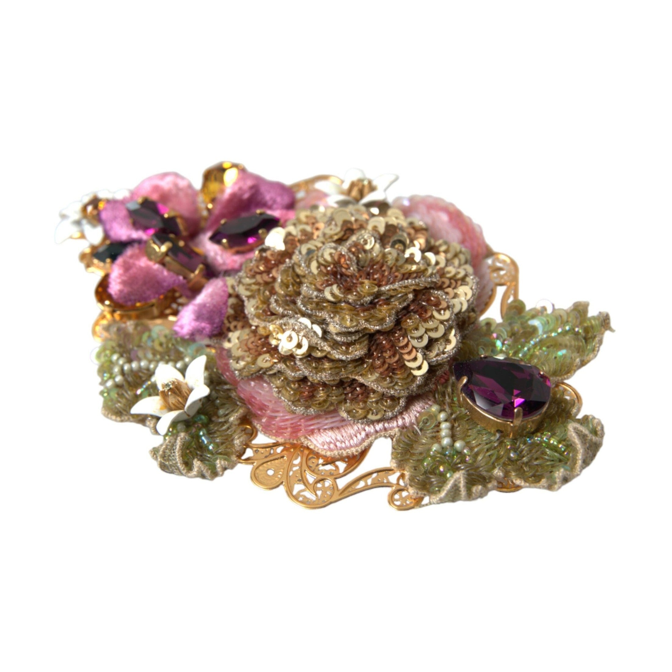 Dolce & Gabbana Gold Brass Floral Crystal Sequined Hair Clip