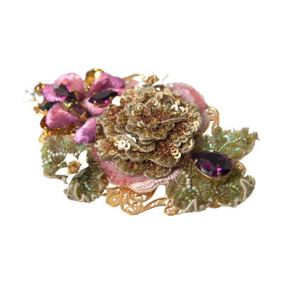 Dolce & Gabbana Gold Brass Floral Crystal Sequined Hair Clip