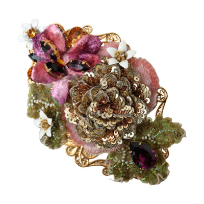 Dolce & Gabbana Gold Brass Floral Crystal Sequined Hair Clip