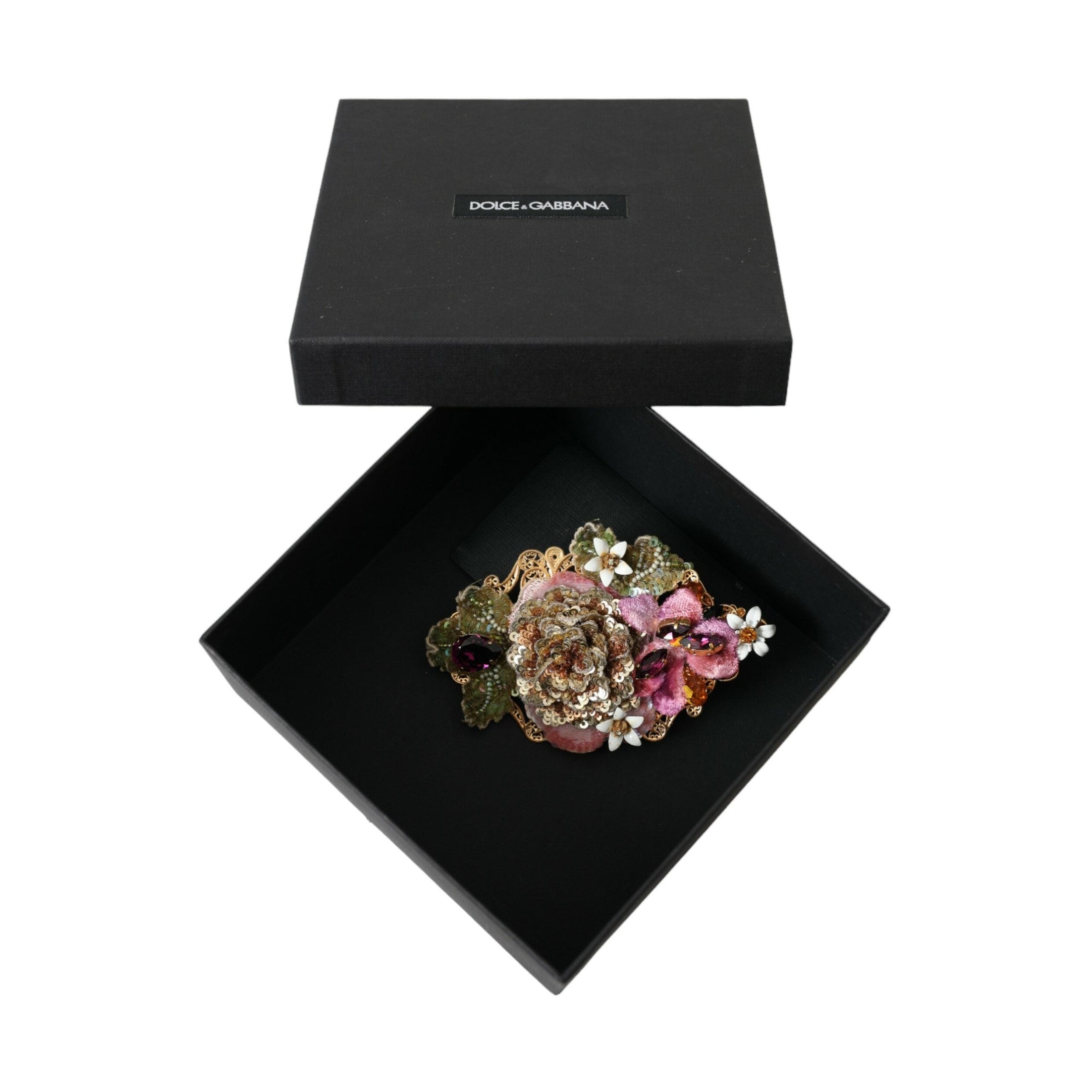 Dolce & Gabbana Gold Brass Floral Crystal Sequined Hair Clip