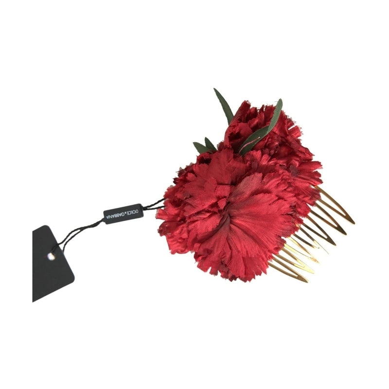 Dolce & Gabbana Red Silk Floral Gold Brass Women Hair Comb