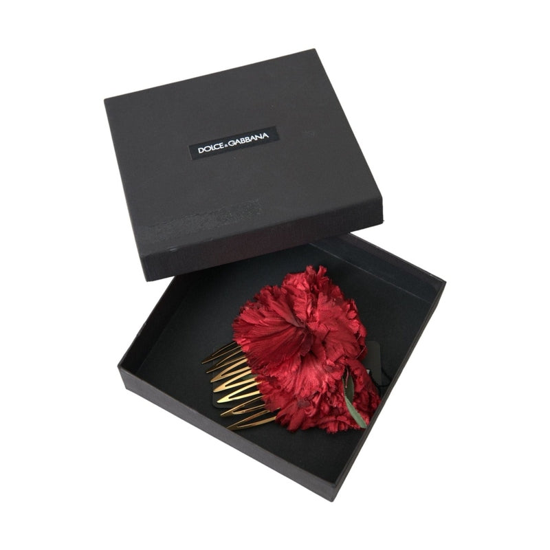 Dolce & Gabbana Red Silk Floral Gold Brass Women Hair Comb