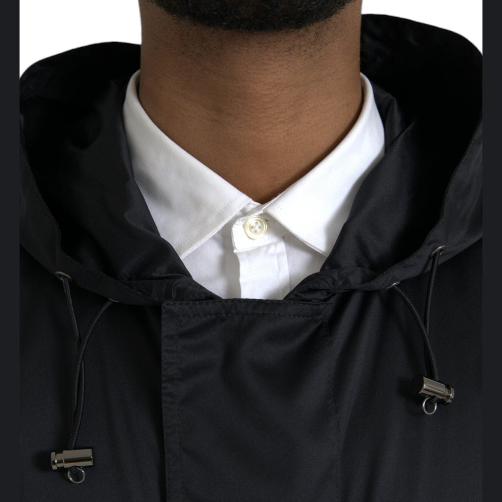 Dolce & Gabbana Black Polyester Hooded Long Windbreaker Jacket