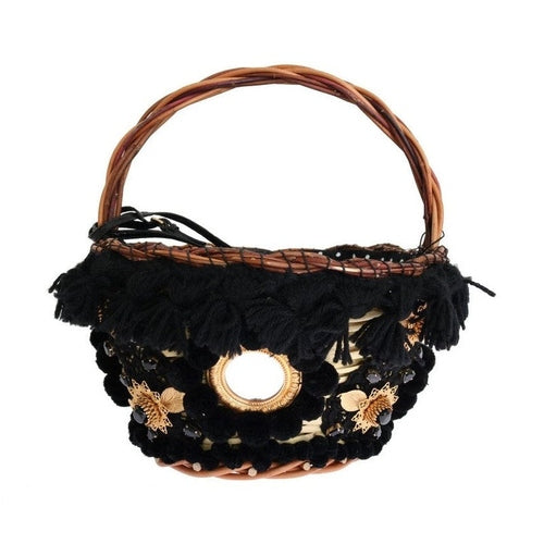 Dolce & Gabbana Beige Straw Snakeskin Pom Pom Crystal AGNESE Bag