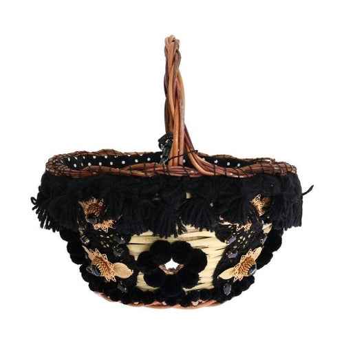 Beige Straw Snakeskin Pom Pom Crystal AGNESE Bag