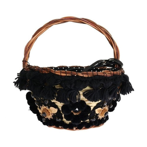 Dolce & Gabbana Beige Straw Snakeskin Pom Pom Crystal AGNESE Bag