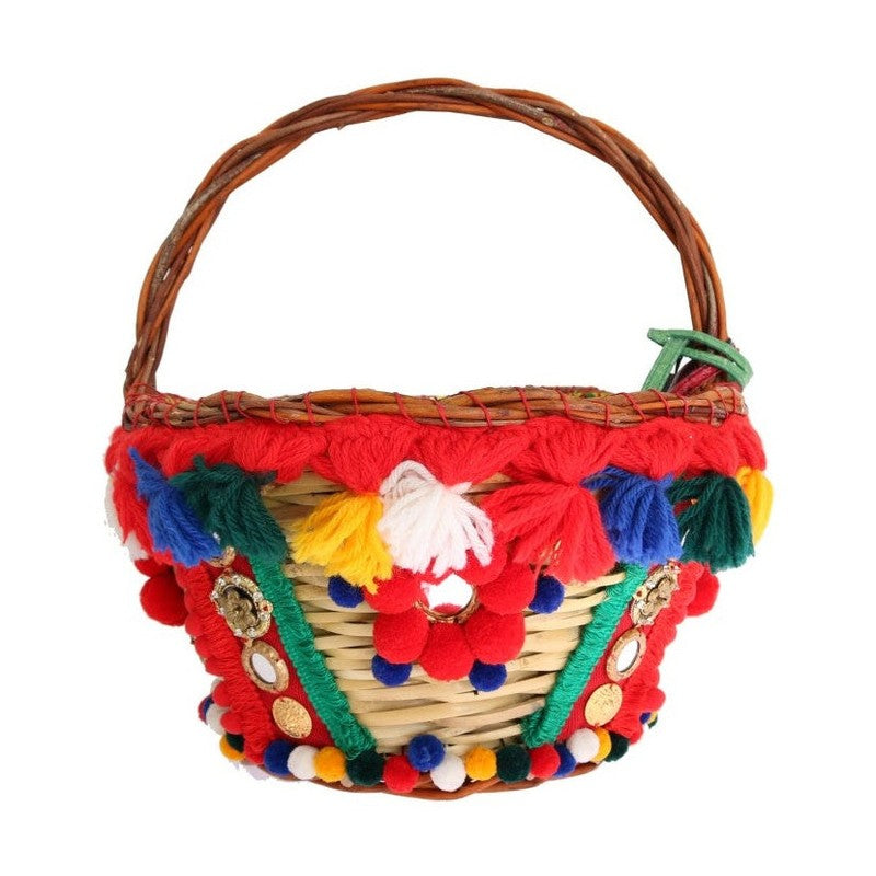 Dolce & Gabbana Multicolor AGNESE Straw Crystal  Pom Pom Bag