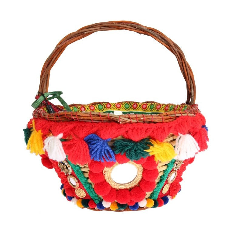 Dolce & Gabbana Multicolor AGNESE Straw Crystal  Pom Pom Bag