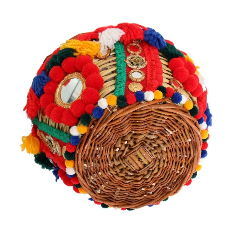 Dolce & Gabbana Multicolor AGNESE Straw Crystal  Pom Pom Bag