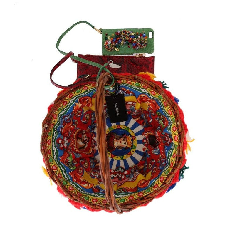 Dolce & Gabbana Multicolor AGNESE Straw Crystal  Pom Pom Bag