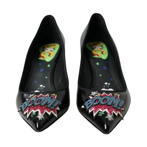 Dolce & Gabbana Black Leather BOOM Patch Heels Pumps Shoes
