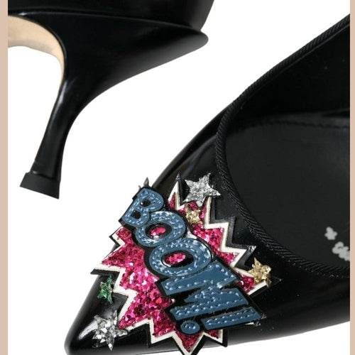 Dolce & Gabbana Black Leather BOOM Patch Heels Pumps Shoes