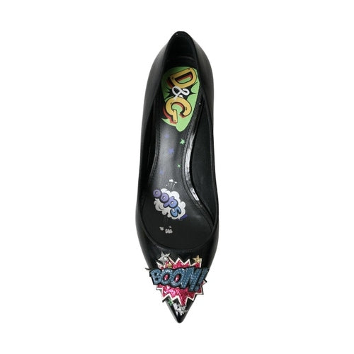 Dolce & Gabbana Black Leather BOOM Patch Heels Pumps Shoes