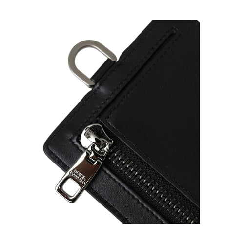 Dolce & Gabbana Black Calf Leather Lanyard Logo Card Holder Men Wallet
