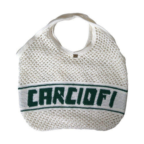 Dolce & Gabbana White Green Knitted Cotton Logo Shopping Tote Bag