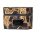 Brown Leopard Calf Leather Metal Logo Plaque Airpods Case