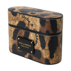 Dolce & Gabbana Brown Leopard Calf Leather Metal Logo Plaque Airpods Case
