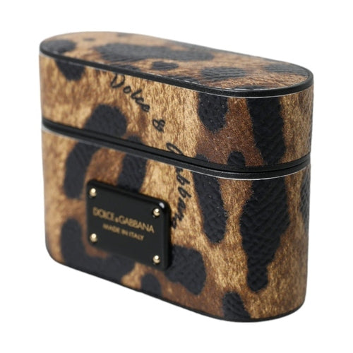 Dolce & Gabbana Brown Leopard Calf Leather Metal Logo Plaque Airpods Case