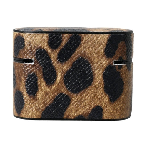 Dolce & Gabbana Brown Leopard Calf Leather Metal Logo Plaque Airpods Case