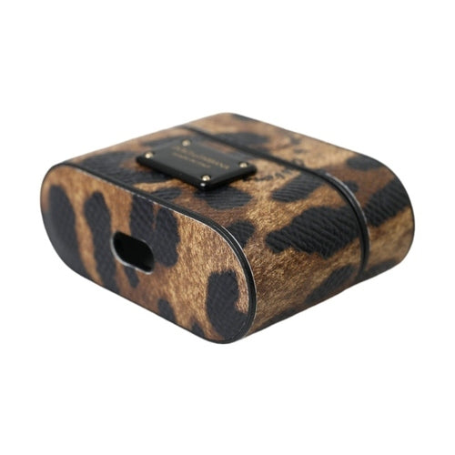 Dolce & Gabbana Brown Leopard Calf Leather Metal Logo Plaque Airpods Case