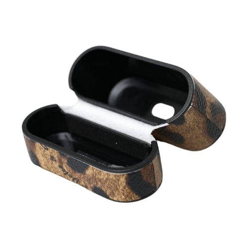 Dolce & Gabbana Brown Leopard Calf Leather Metal Logo Plaque Airpods Case