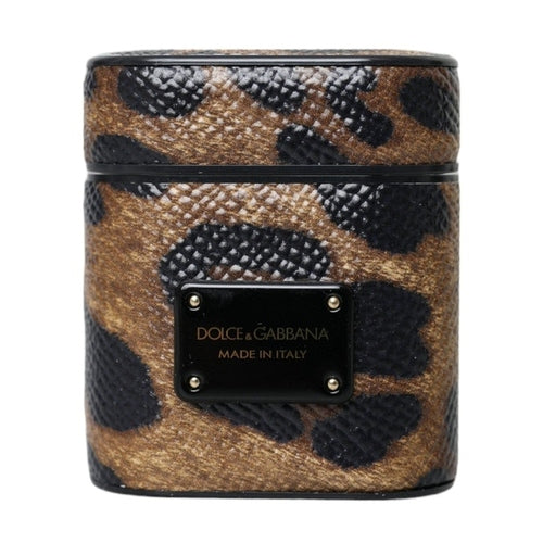 Dolce & Gabbana Brown Leopard Calf Leather Metal Logo Plaque Airpods Case